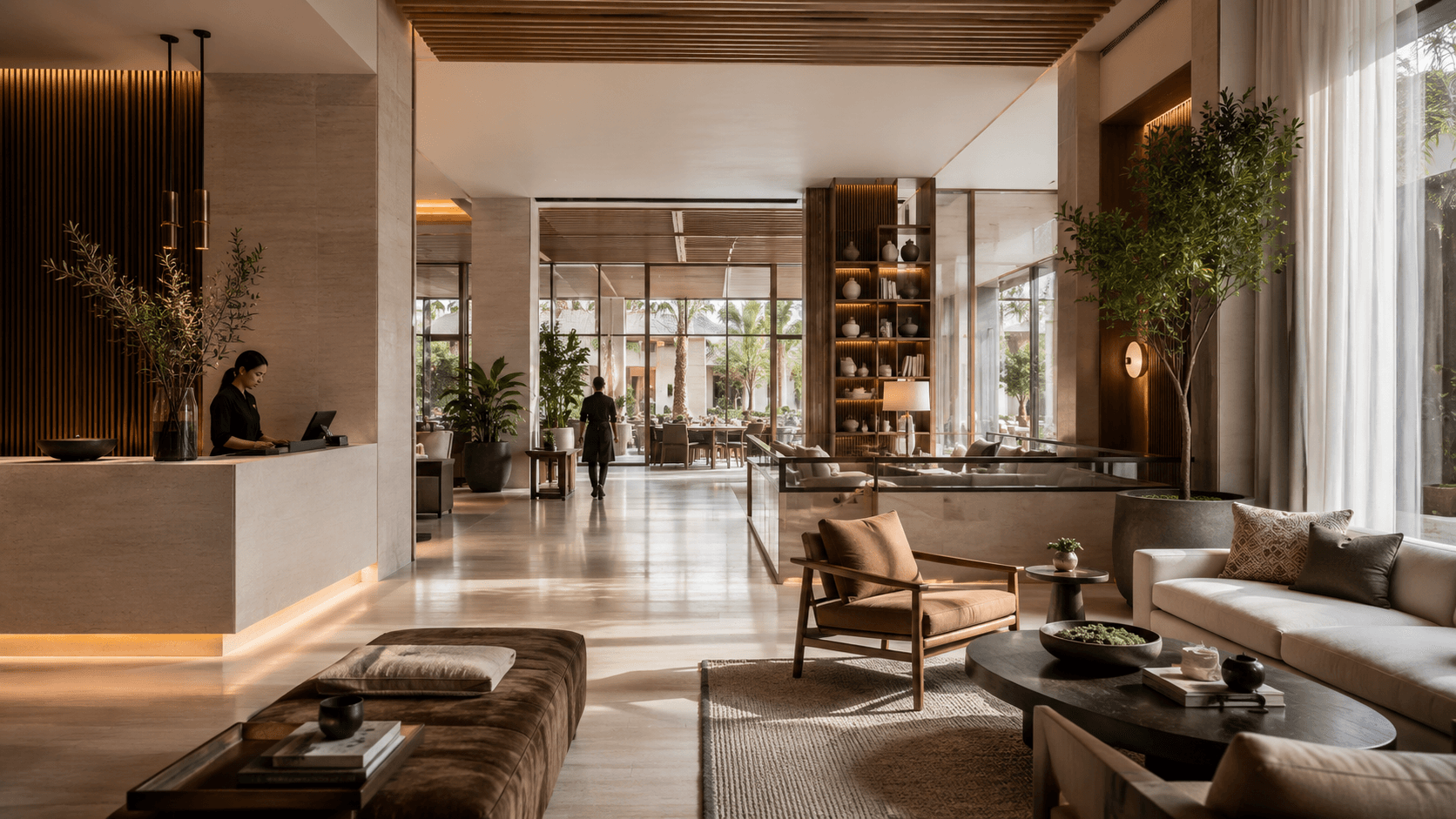 Lobby de hotel iluminado por luz natural, en tonos minerales y madera cálida