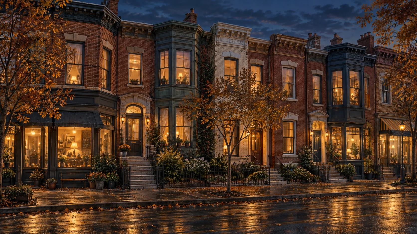 An artistic interpretation of Mount Pleasant after dark, with brick rowhouses, illuminated windows and autumn leaves.