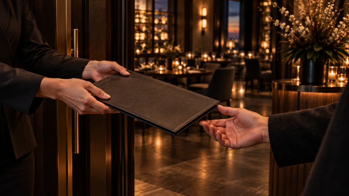 A member of the service team welcomes a guest with a menu.