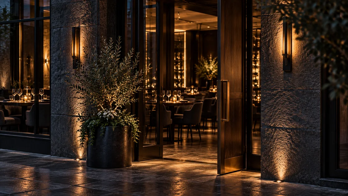 An open restaurant doorway with warm light at dusk.