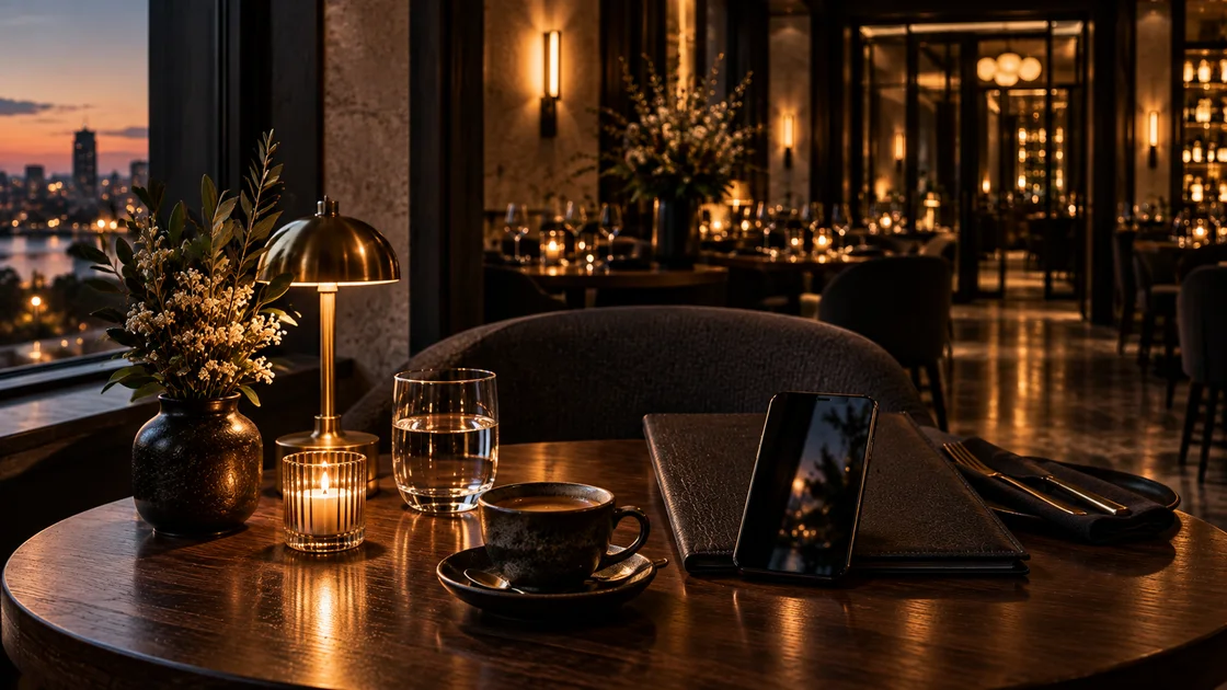 A phone beside a coffee and a closed menu at a restaurant window table.