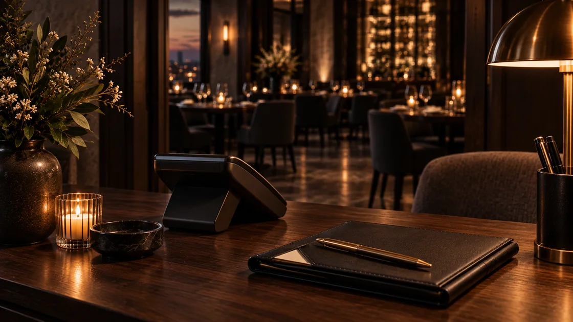 Payment equipment beside a closed review folder on a restaurant desk.