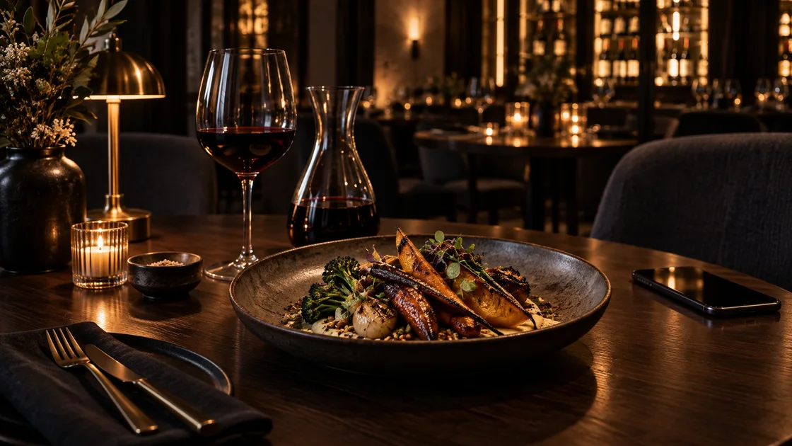 A seasonal dish, wine service and a discreet phone at a warmly lit restaurant table.