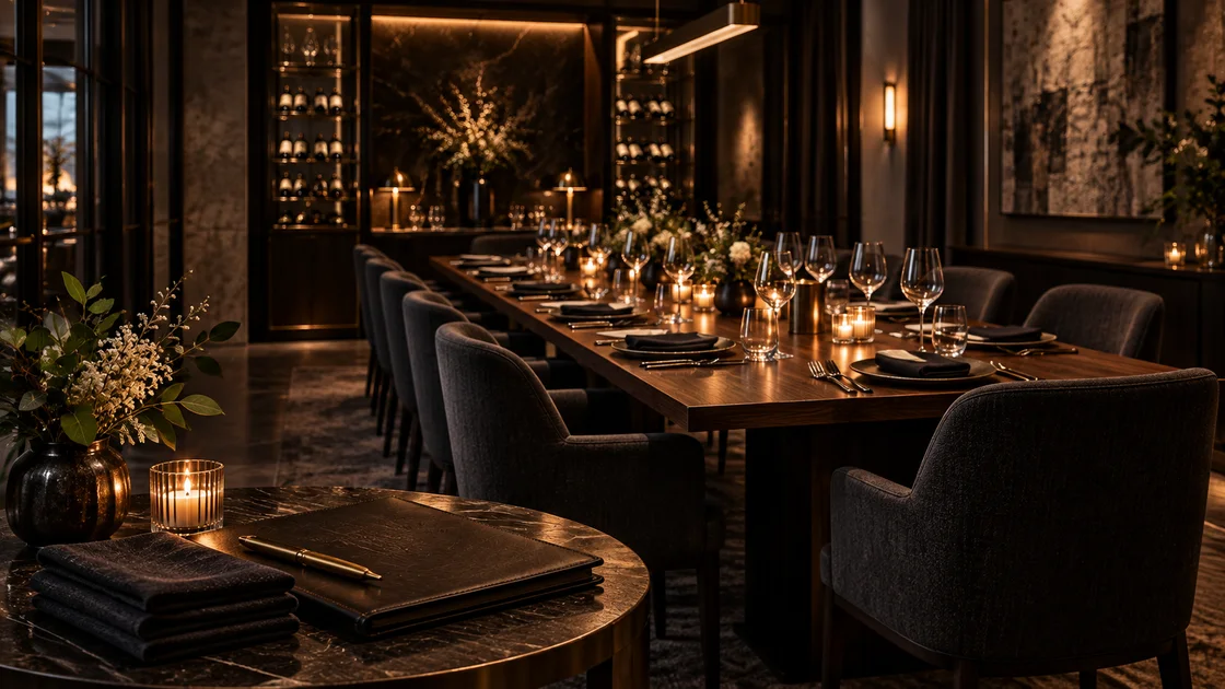 A planning folio and folded linen in front of a prepared private dining room.