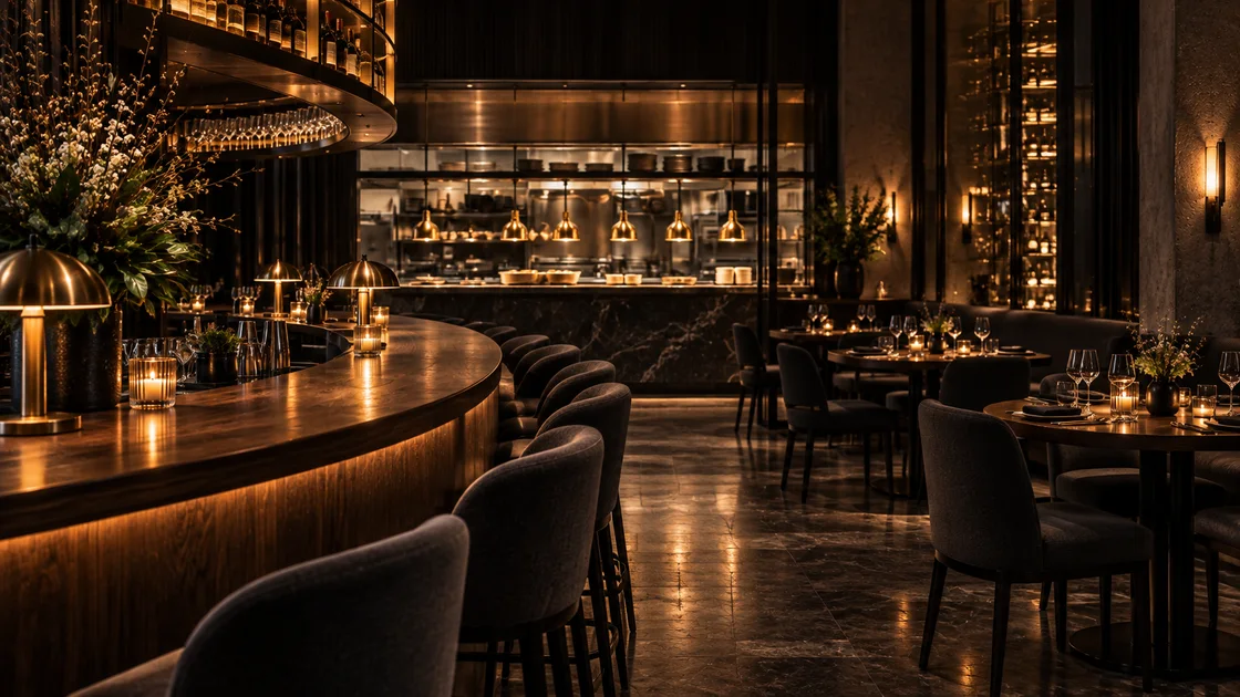 A walnut restaurant bar, dining room and service pass before service.