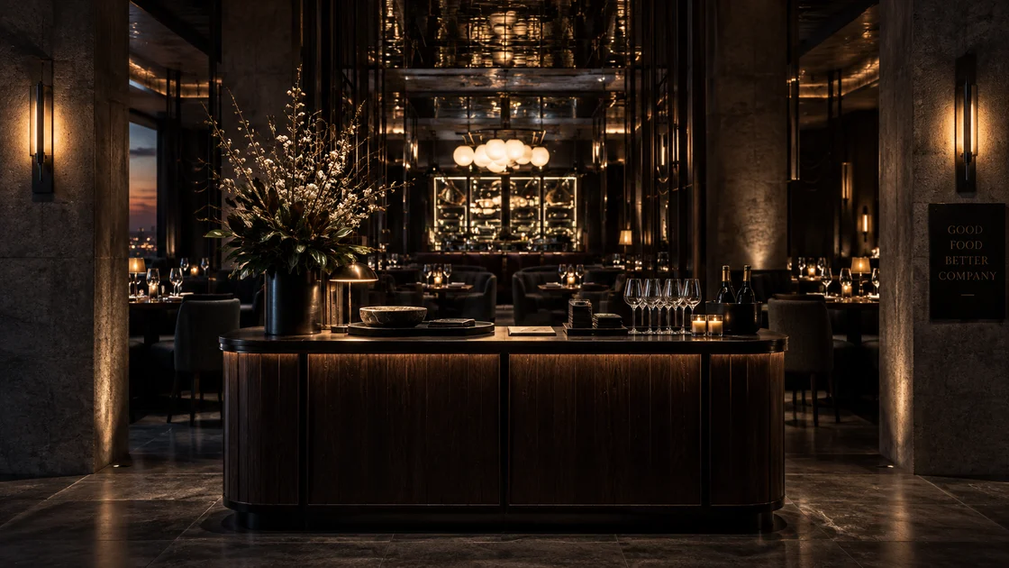 The warmly illuminated walnut service station inside a dark restaurant
