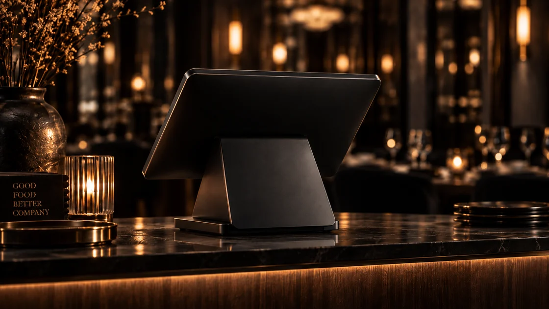 A matte-black POS terminal on a walnut and marble service station