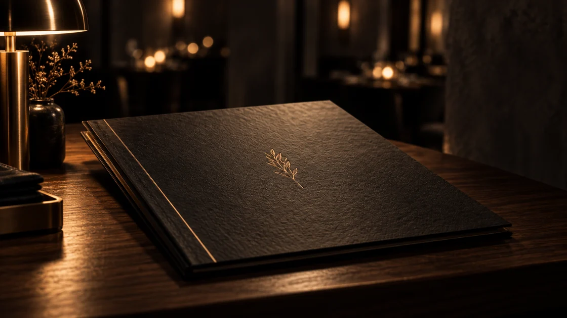 A textured menu on the restaurant counter under warm lamplight