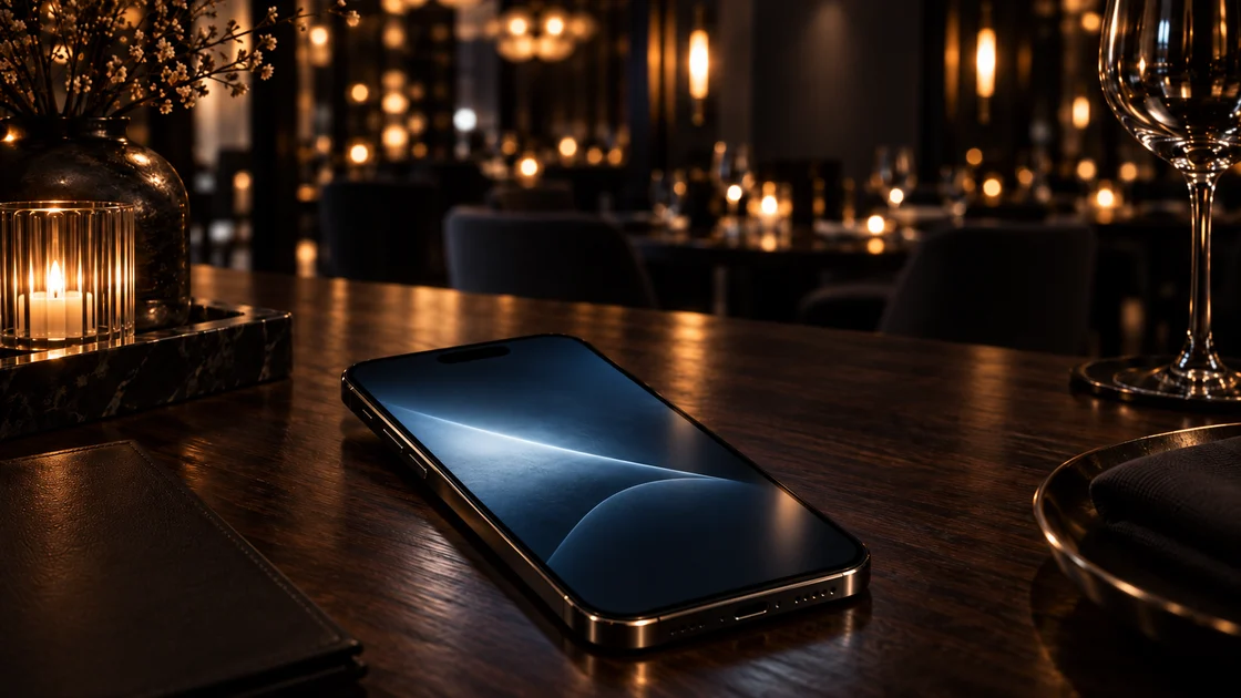 A smartphone on a walnut table in the restaurant