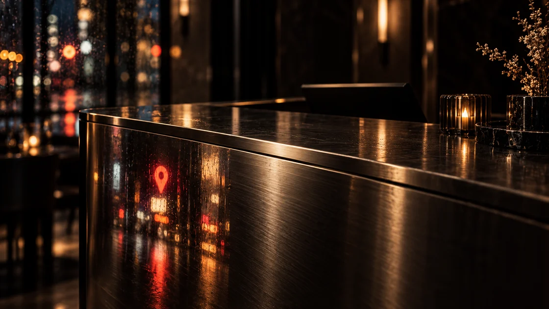 Una estación de recepción de acero que refleja las luces de la ciudad y un marcador de ubicación